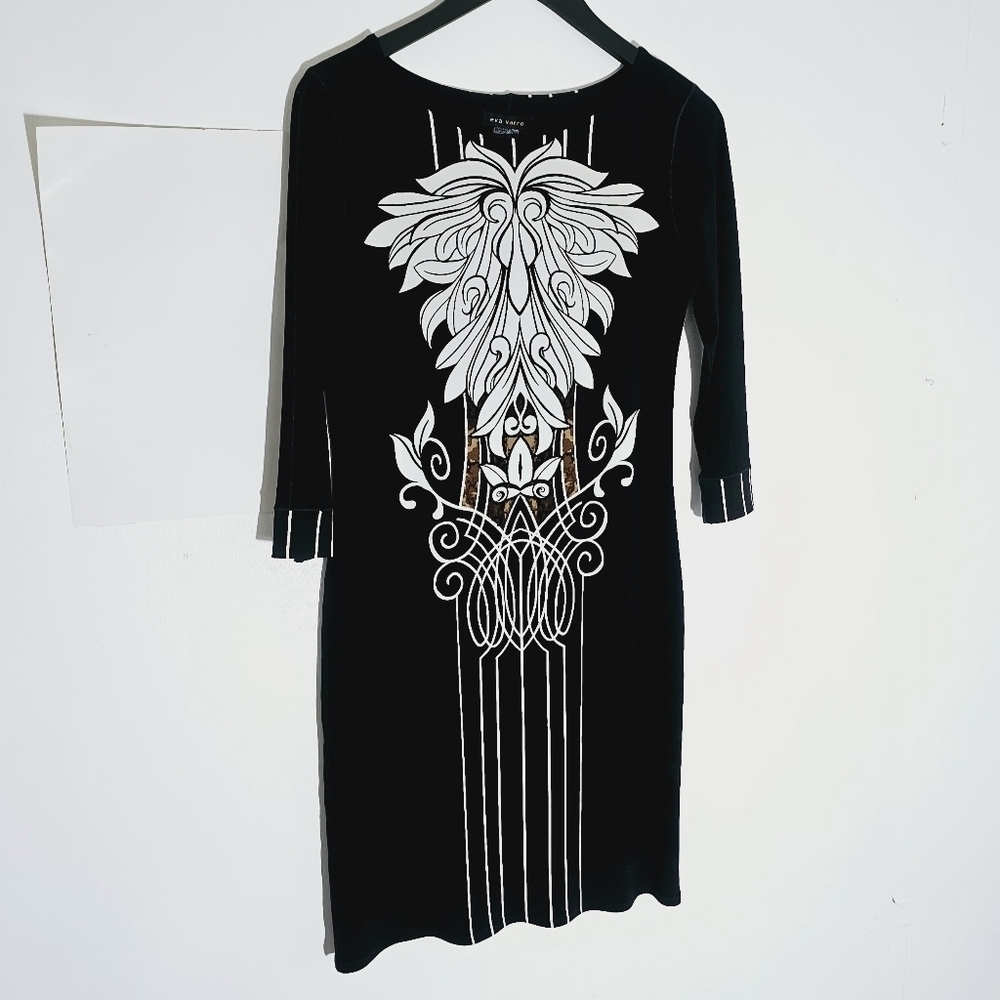 Eva Varro Stretch Jersey Knit Handcrafted 3/4 Sleeves Baroque Print Dress Size S